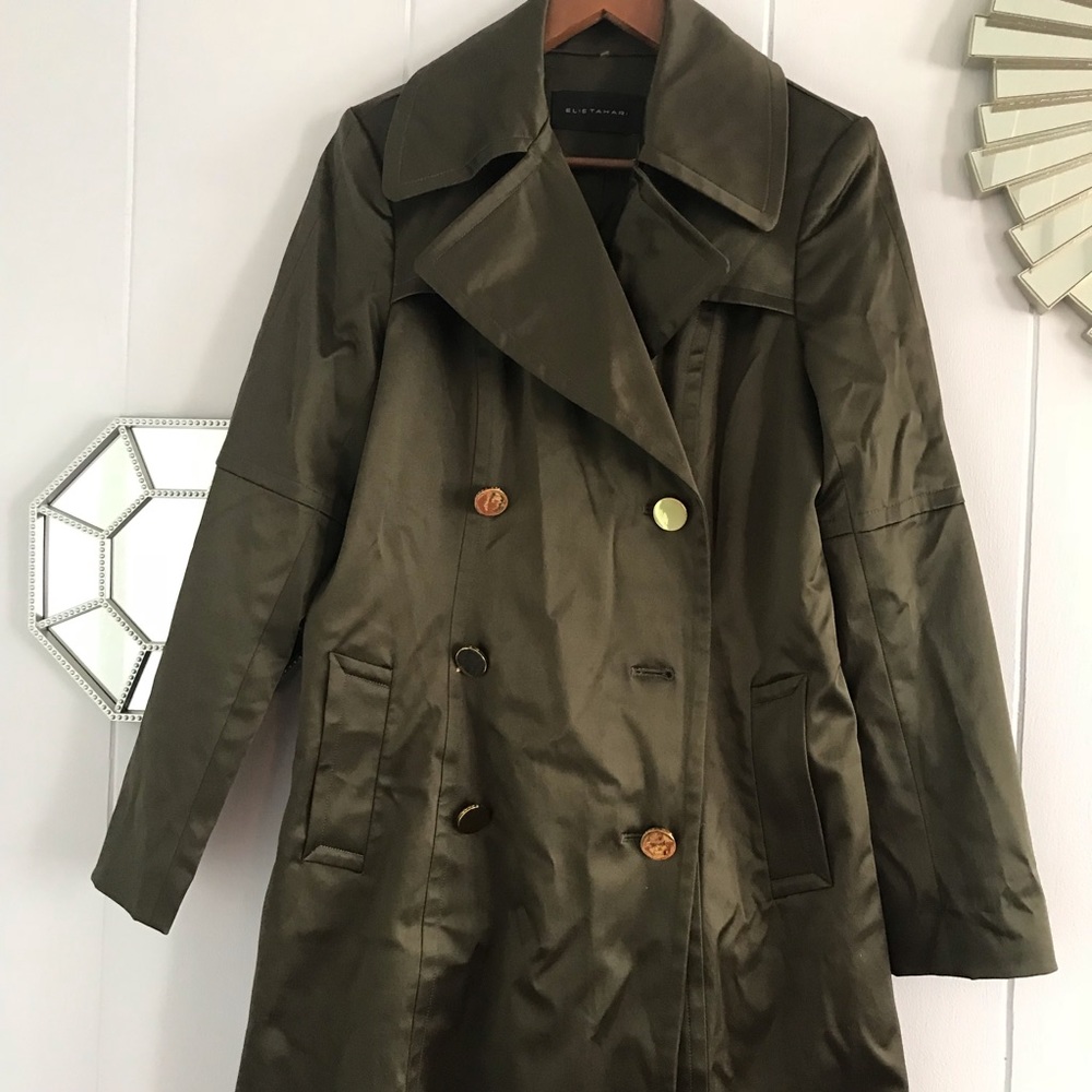 Elie Tahari Satin Olive Green Trench Coat 4 - Picture 3 of 7